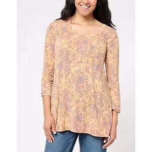 NWOT LOGO by Lori Goldstein QVC Square Neck Top M Fall Spice Print Gold Autumn